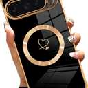 AIGOMARA Magnetic Case for Google Pixel 9 Pro XL [Wireless Charging Compatible] Heart Design Soft TPU Electroplated Phone Cover Anti-Scratch Shockproof Case for Women - Black