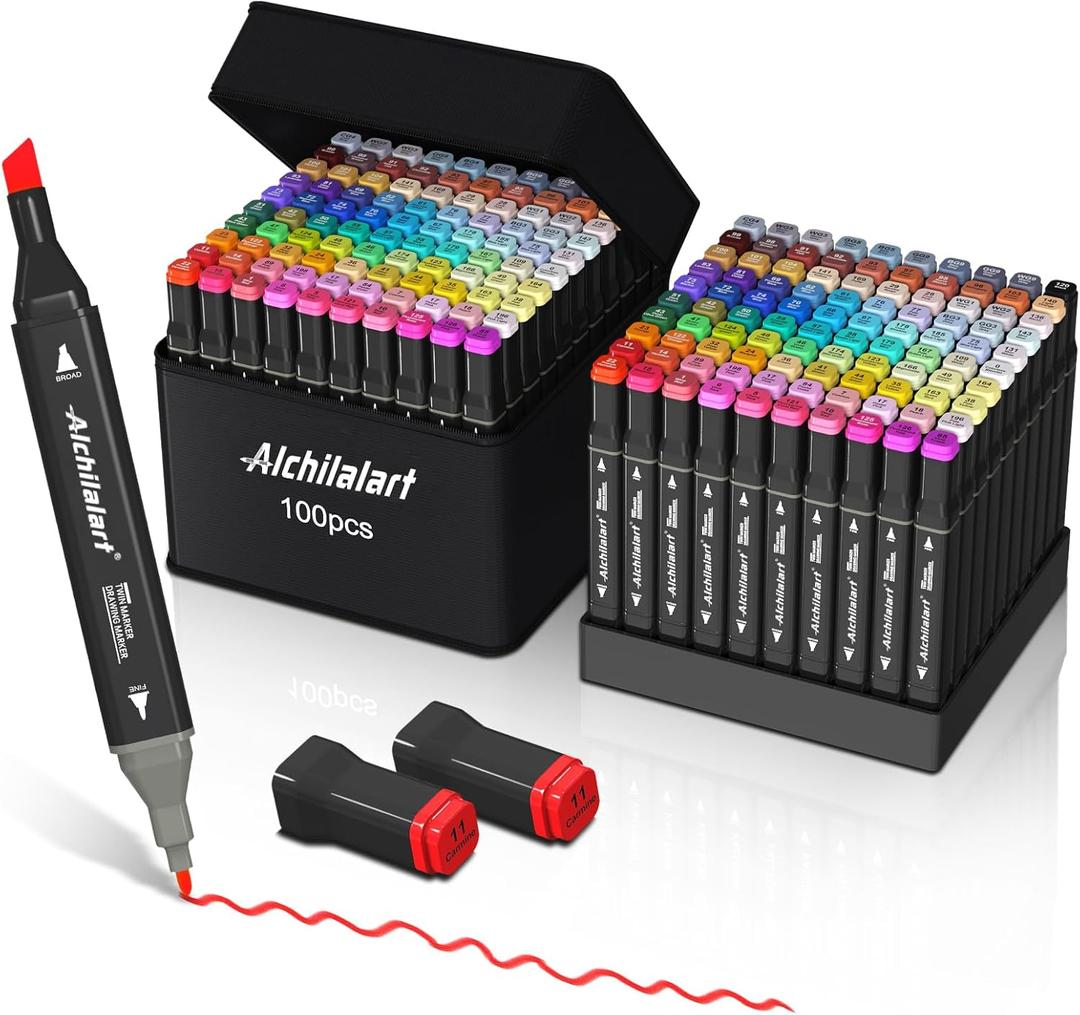 Alchilalart 100 Color Alcohol Based Markers, Alcohol Marker Set With Base, Double Head Alcohol Sketch Drawing Markers Animation For Adults And Children