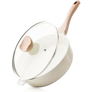 Nonstick Ceramic Deep Frying Pan, 10 Inch Non Toxic Skillet with Lid, Healthy Jumbo Cooker, Saute Pan for Cooking, Induction Cookware, PFOA & PFAS Free (Cream)