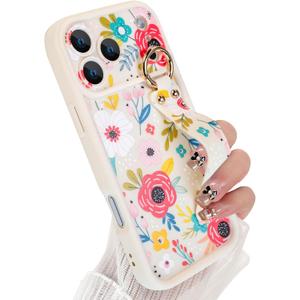 Compatible with iPhone 17 Pro Max Case with Finger Hand Wrist Strap for Girls Women, Cute Flowers Floral Phone Case with Wristband Kickstand, Durable Silicone Protective Cover, Blossom