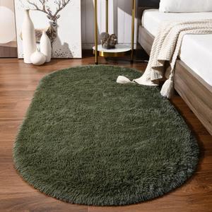 Softlife Fluffy Rugs for Bedroom, Shag Cute Area Rug for Girls/Boys and Kids Baby Room Home Decor, 2.6 x 5.3 Feet Oval Indoor Carpet for Nursery Dorm Living Room, Olive Green