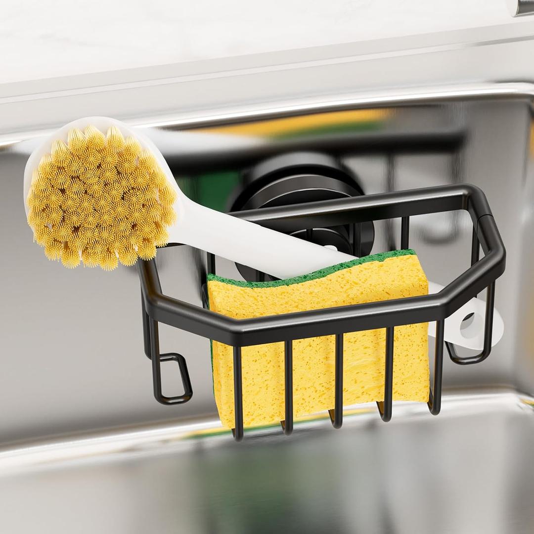 TAILI Sponge Holder with Strong Suction Cup, Dish Sponge Caddy Inside Sink Removable, Rustproof Aluminum for Sponges, Brushes, Stoppers and Scrapers - Black, Size: 6.1" x 3.5"