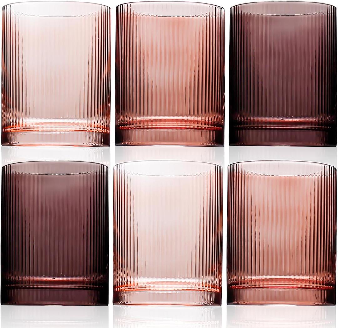 Physkoa 6-Piece Brown Ribbed Glassware Set Vintage Drinking Glasses in Ochre, Umber & Espresso 12oz Tumbler Cups for Water, Juice, Iced Coffee, Whiskey, Cocktail Aesthetic Colored Glasses