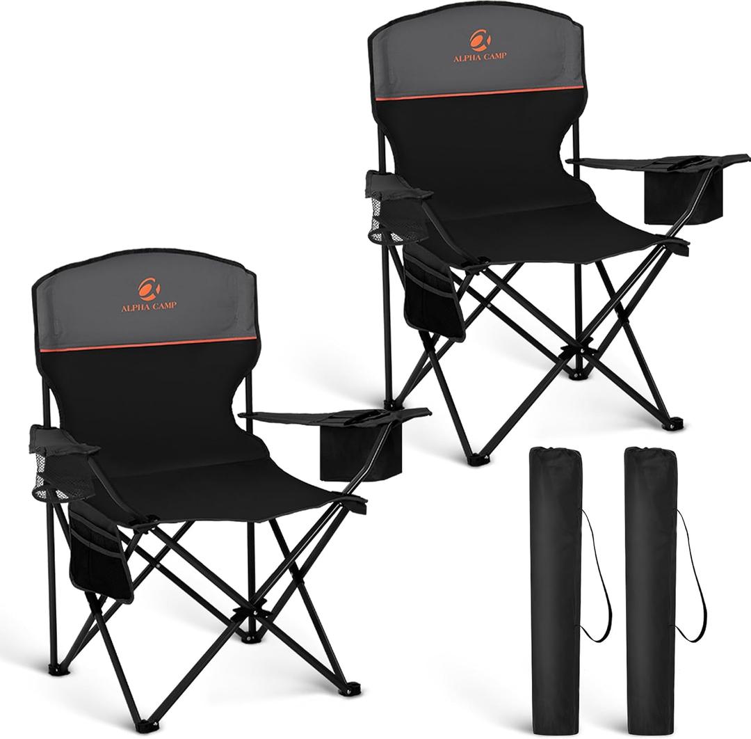 HIGH POINT SPORTS 2 Pack Portable Camping Chair for Adults, Folding Outdoor Camp Chair Lightweight Lawn Chairs Folding Collapsible Chair for Camping, Tailgates, Beach, Black, Support 250 lbs, 25.2"d X 37"w X 39"h