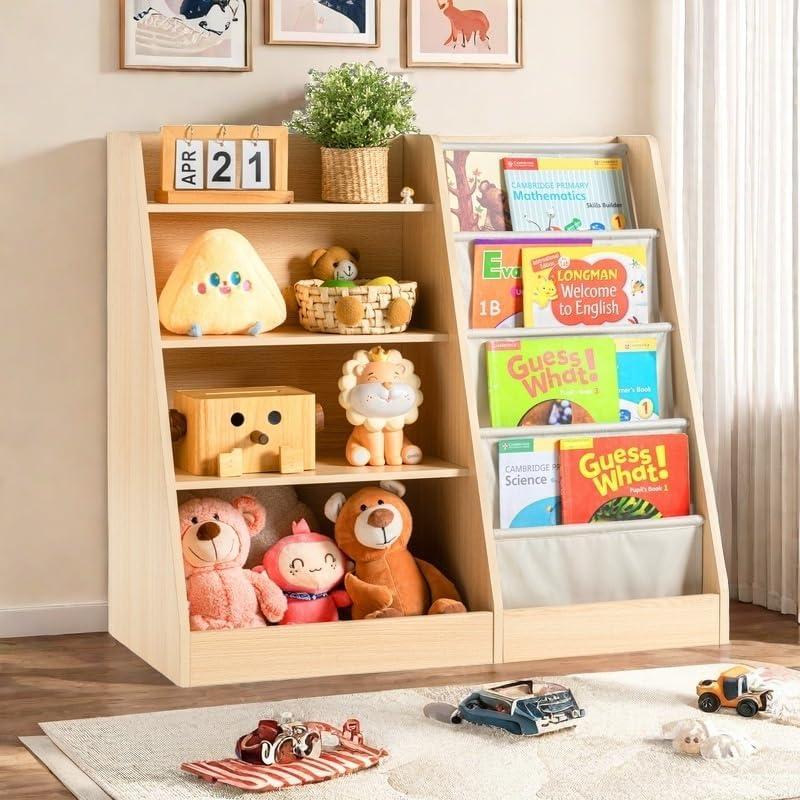 FURNinspire 4 Tier Kids Wooden Bookshelf, Kids Bookshelf with Four Layer Sling Children Bookcase,Book and Toy Storage Organizer, Book Display Shelf, Playroom Nursery Classroom Library
