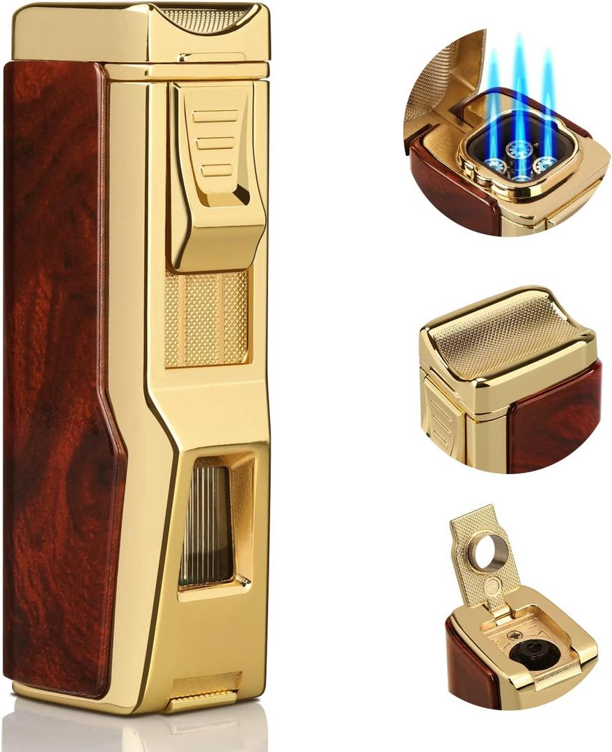 Torch Lighter, 4 Jet Flame Lighter Refillable Butane Windproof Lighter Gift for Men Women (Mahogany, Without Gas)