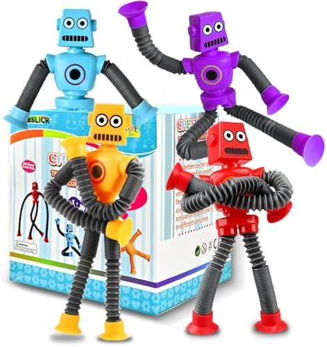 Robot Sensory Travel Toys 4Pcs for Toddlers Kid Boy Year Old Ages 3 4 5 6 7 8 9, Airplane Activities Suction Autism Pop Tube Fidget Toys Autistic Stocking Easter Basket Stuffer Valentine Gift for Kids