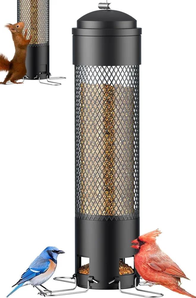LCSEVEN Bird Feeders for Outdoors Squirrel Proof with Weight-Activated Perches, Hanging Bird Feeder for Outside, Metal Feeder for Wild Cardinal, Finch, Blue Jay, Chickadee, 3LB Seed Capacity, Black