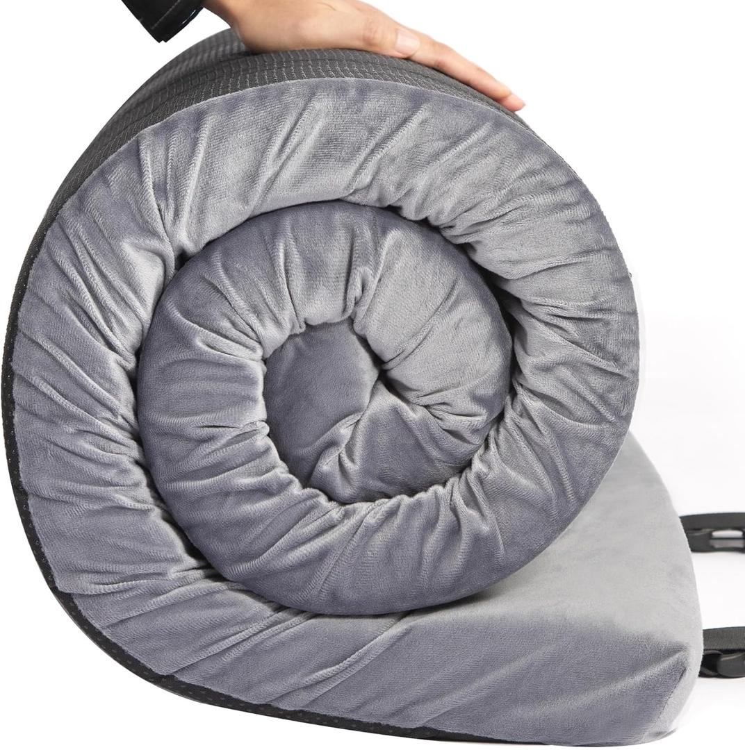 Portable Memory Foam Sleeping Pad - Roll Up Foldable Camping Mattress with Waterproof Cover - Lightweight Travel Bag (75*25*3, Gray)