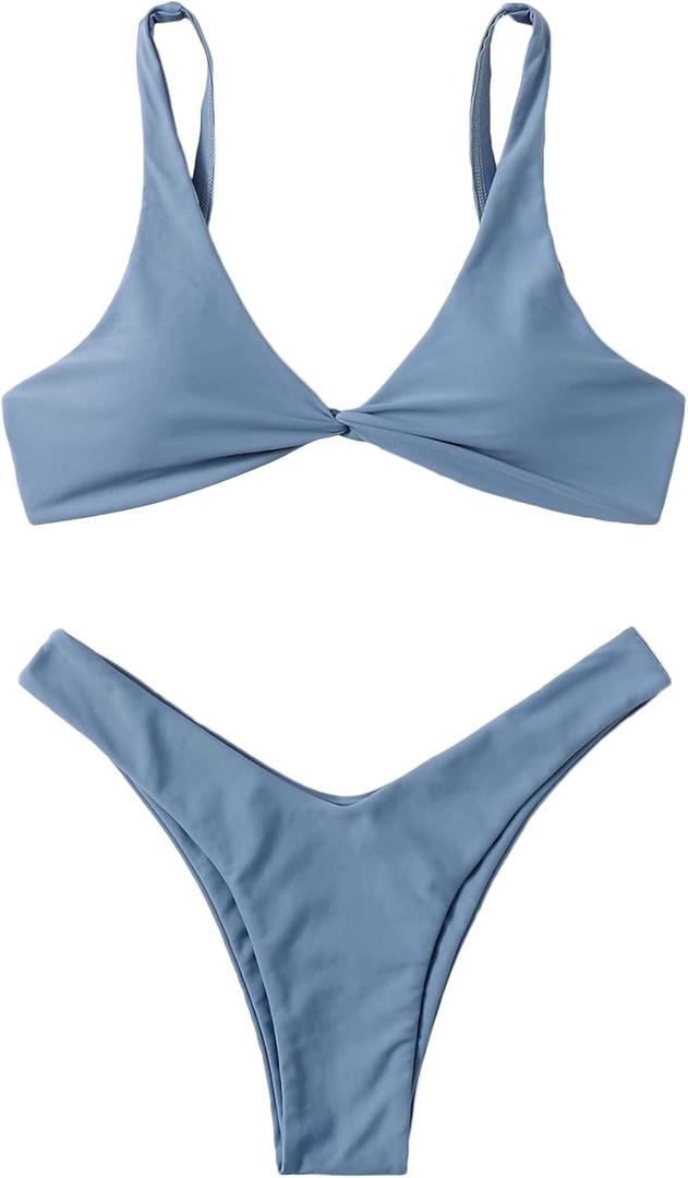 Verdusa Women's Twist Front High Cut Thong Two Piece Bikini Set Swimsuit (Medium, Slate Blue)