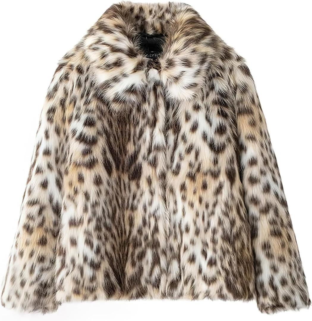 ebossy Women's Faux Fur Crop Jacket Long Sleeve Cozy Winter Warm Fluffy Leopard Pure Color Sherpa Coat with Pockets (Large, Snow Leopard)