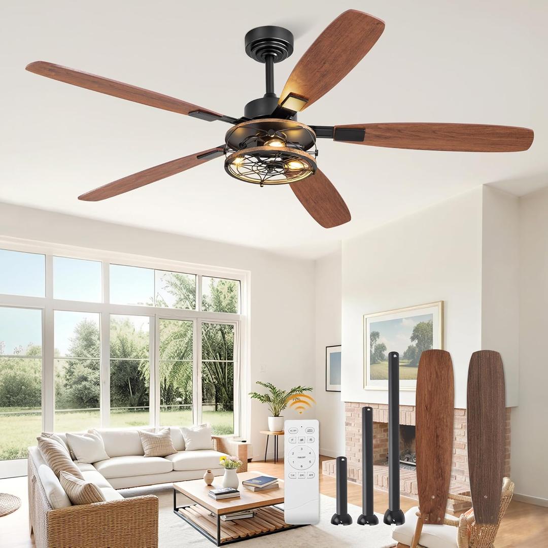 60 Inch Farmhouse Ceiling Fan with Light and Remote, Black Industrial Caged Flush Mount Ceiling Fans with 6 Speed Reversible Motor and Dual Finish 5 Blades, Rustic Ceiling Fan for Living room, Bedroom