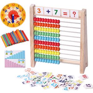 Wooden Abacus for Kids Math Manipulatives Learning Clock for 5+ Year Old Boys Girls 1st 2nd Grade Math Counters 100 Counting Sticks Montessori Preschool Educational Math Toys Homeschool Supplies