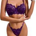 Lilosy Sexy Underwire Push Up Scallop Floral Lace Sheer Lingerie Set for Women Bra and Panty 2 Piece (Purple)