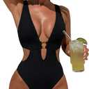 Women Sexy High Cut Cheeky One Piece Swimsuits Monokini Plunge V Neck Cutout Bathing Suit Beach Pool Party Rave Outfits (Black, L)