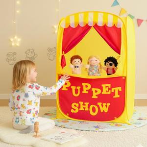 Alvantor Pop Up Puppet Show Theater & Lemonade Stand, Pretend Playhouse Kids Play Tent, Puppet Stage Tabletop Sets for Toddlers Curtain Foldable, Indoor & Outdoor Children Drama 29"X29"X43"H, 1 pc Yellow