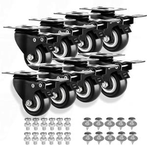 2" Casters Set of 8 Heavy-Duty Industrial Caster Wheels with Brake PU No Noise Wheels with Double Locking and Double Ball Bearing Swivel Locking Casters for Workbench, Furniture, Plate Castors Black