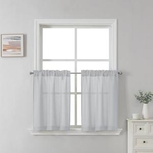 SeeGlee Light Grey Short Semi Sheer Curtains 24 Inch Length for Kitchen Over Sink- Linen Textured Bathroom Farmhouse Country Light Filtering with Rod Pocket Top 2 Panels (26"W x 24"L (Pack of 2))