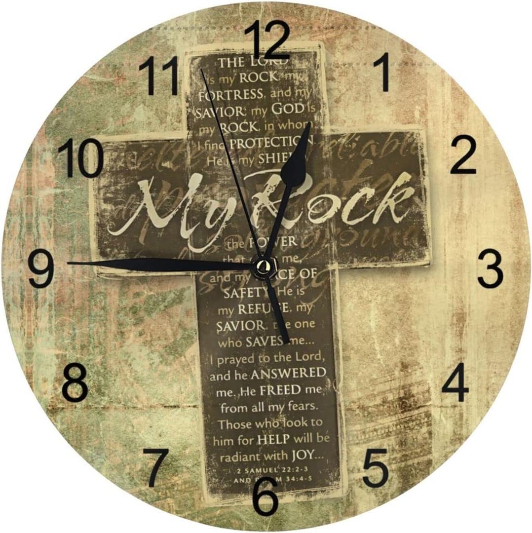 Christian Religious Bible Verse The Lord is My Rock Pattern Round Decorative Wall Clock Silent Non Ticking Battery Operated for Home Kitchen Living Room Classroom, White, One Size