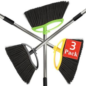 3 Pack Soft Bristle Angle Broom for Floors - Wide Indoor Heavy Duty Broom with 38"-53.5" Adjustable Handle, Kitchen & Restaurant Use for Hardwood, Porch (Gray, Yellow, Green)