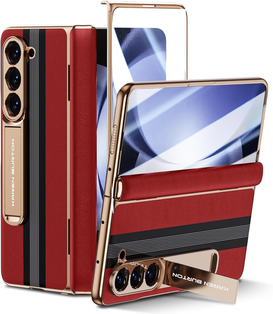 for Samsung Galaxy Z Fold 5 Phone Case [Luxury Premier Genuine Leather] [Full Body Hinge Protection] [Built-in Screen Protector] [Kickstand Slim Protective Cover] for Galaxy ZFold 5 (Red)
