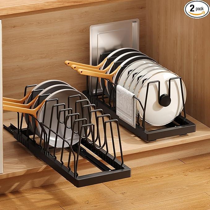 Mustorn 2 Pack Pots and Pans Organizer under Cabinet, 22" Expandable Food Storage Container Lid Organizer with 9 Adjustable Stainless Steel Dividers, ABS Base, Countertop Rack, Black