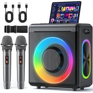 Karaoke Machine with 2 Wireless Rechargeable Microphones: Portable Bluetooth Speaker for Adults & Kids - PA System with Lights Supports TWS/TF Card/USB/AUX for Home Party