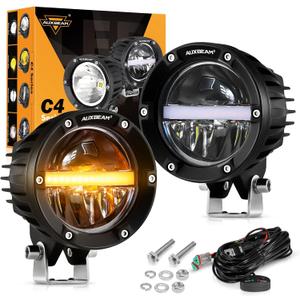 Auxbeam 4 Inch 110W Round Offroad Lights, Amber DRL Design 11000LM LED Light Pods, Super Bright 7035 SMD LED Work Driving Fog Light with DT Wiring Harness Kit for Truck Jeep Pickup SUV ATV UTV, 2 PCS