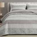 Chezmoi Collection Robyn 3-Piece Neutral Taupe Gray White Floral Hibiscus Flower Patchwork Striped Quilt Set - Pre-Washed Cotton Coverlet - Lightweight Reversible Bedspread, Super King Size
