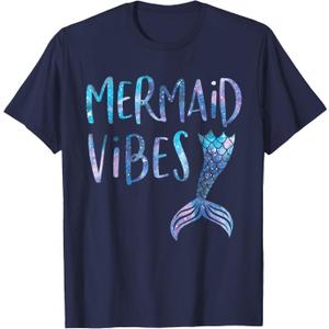 Mermaid Vibes Cute Funny Mermaid Tail Birthday Party T-Shirt Small (Blue, L)