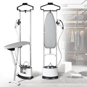 CGOLDENWALL Standing Garment Steamer for Clothes with Flat & Hanging Iron Options: Quick 25s Heat-Up for Continuous 1-Hour Powerful Steam, Including Ironing Board, Fabric Brush and Ironing Gloves