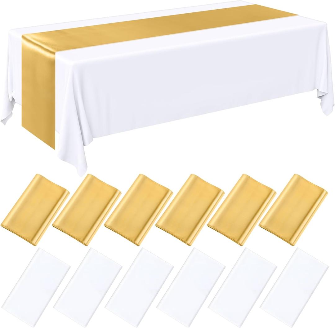 Tudomro 12 Pcs White and Gold Disposable Plastic Tablecloths and Satin Table Runner Set, 54 x 108 Inch Tablecloth, 12 x 108 Inch Table Runners for Wedding Baby Shower Birthday Party