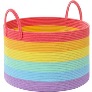 Blanket Basket Living Room, 67L Large Rainbow Round Storage Basket, Cotton Rope Laundry Baskets & Toy Storage Organizer for Nursery, Bedroom, 20"13"