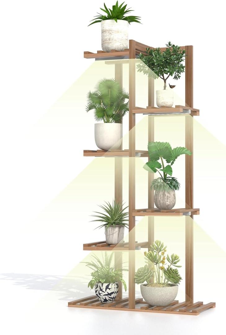 Solatmos Bamboo Plant Stand With Grow Lights Indoor Plants Outdoor Corner Plant Shelf Flower Stands for Living Room Patio Garden Corner Balcony (Wood, 7 Tier)