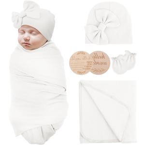 Newborn Receiving Blanket with Bow Hat Mittens Wooden Card Set Newborns Toddler Baby Boy Girl Nursery Swaddle Wrap