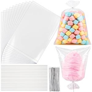 Yexiya 300 Pcs Cotton Candy Bags with Ties and Sticks, 11.8x17.7 Inch Large Clear Cotton Candy Bags Cones Sticks Supplies for Marshmallow Carnivals Christmas Party