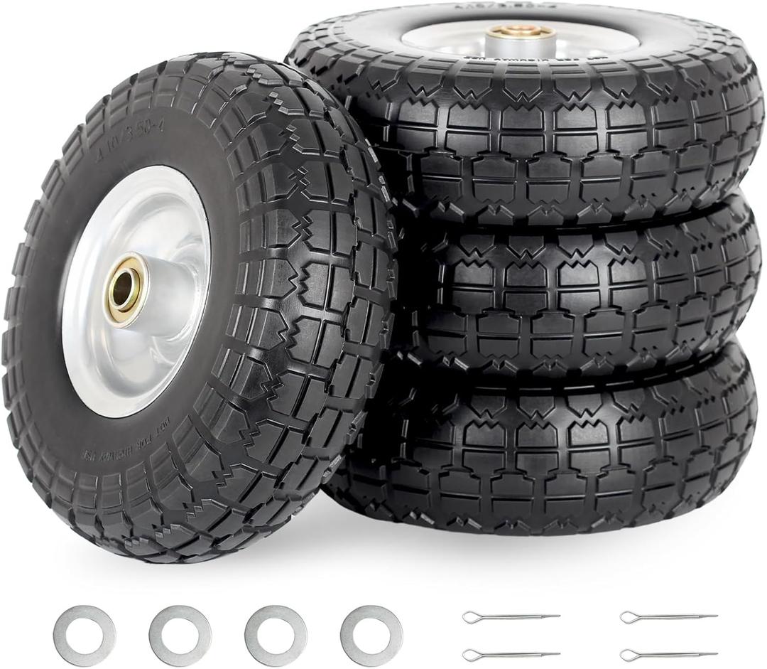 GICOOL 10-Inch 4.10/3.50-4" Flat-free Solid Tire and Wheel with 5/8" Axle Bore Hole, 2.2" Offset Hub for Hand Truck Garden Wagon Cart Trolley Dolly Lawn Mover Go Kart Replacement Tire, 4 Pack