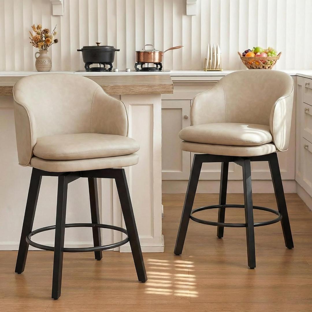 Counter Height Barstools 26 inch Upholstered Swivel Bar Stools with Back and Wood Legs for Kitchen Island,Set of 2, Beige PU Leather