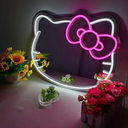Hello Kit Mirror with Light Neon Signs for Room Decor, USB Powered Cute Cat LED Lights, Teen Girl Best Gift, Makeup Mirror Neon Sign Wall Decor (16.1" L x 13.97" W)