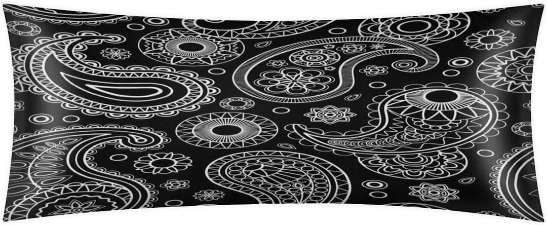 Paisley Black Body Pillow Covers Decorative Soft Bedding Satin Pillowcase with Zipper Closure Cooling Breathable Long Pillow Case-21"x 54"
