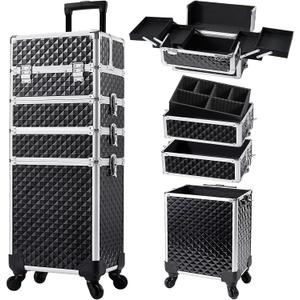 Stagiant Rolling Makeup Case Cosmetology Case on Wheels 4 in 1 Large Cosmetic Organizer Train Case Makeup Travel Case with Key Swivel Wheels Nail Artist Salon Storage Traveling Cart Trunk Black