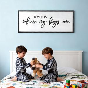 Home is Where My Boys are Sign Framed Wall Art, 32''12'' Rustic Horizontal My Son Plaque with Black Frame for Baby Kid Boy Son Teen Toddlers Room, Horizontal Mom of Boys Gifts Nursery Decor