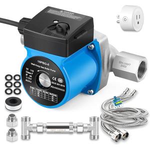 Instant Hot Water Recirculating Pump Kit with 304 Stainless Steel Bypass Valve, 20-in PEX Supply Lines for Potable Water, Smart Plug and Adapters with Rubber Washers for Tank Water Heaters