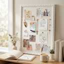 Linen Cork Bulletin Board with White Wood Frame and Beaded 24 x 18 in Decorative Picture Pin Boards Boho Cute Vision Board for Home Office Study Bedroom and Dorm Wall Farmhouse Decor