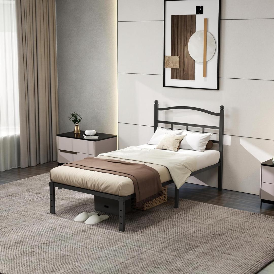 Twin Bed Frames 14 Inch Metal Twin Platform Bed Frame with Headbord & Under Bed Storage,Sturdy Kids Beds No Box Spring Needed Mattress Foundations,Tools-Free(14 Inch, Twin)