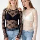 Women's Lace Tops Mesh Sheer Long Sleeve See Through Undershirt (XL)