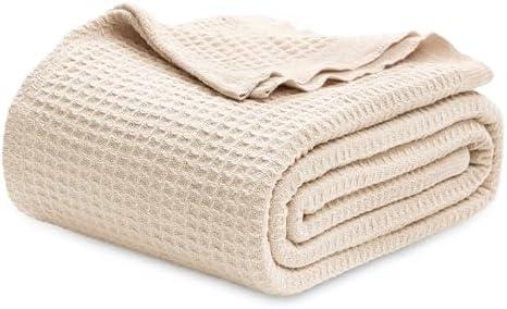 Bedsure 100% Cotton Blanket King Size for Bed - Breathable and Soft, Waffle Weave Blanket for Summer Spring, Beige, 104x90 inches
