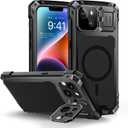 Lanhiem Magnetic for iPhone 14 Metal Case, [Built-in Camera Kickstand & Glass Screen Protector] Heavy Duty Shockproof Full Body Rugged Protective Magsafe Cover for iPhone 14 6.1" (Black)