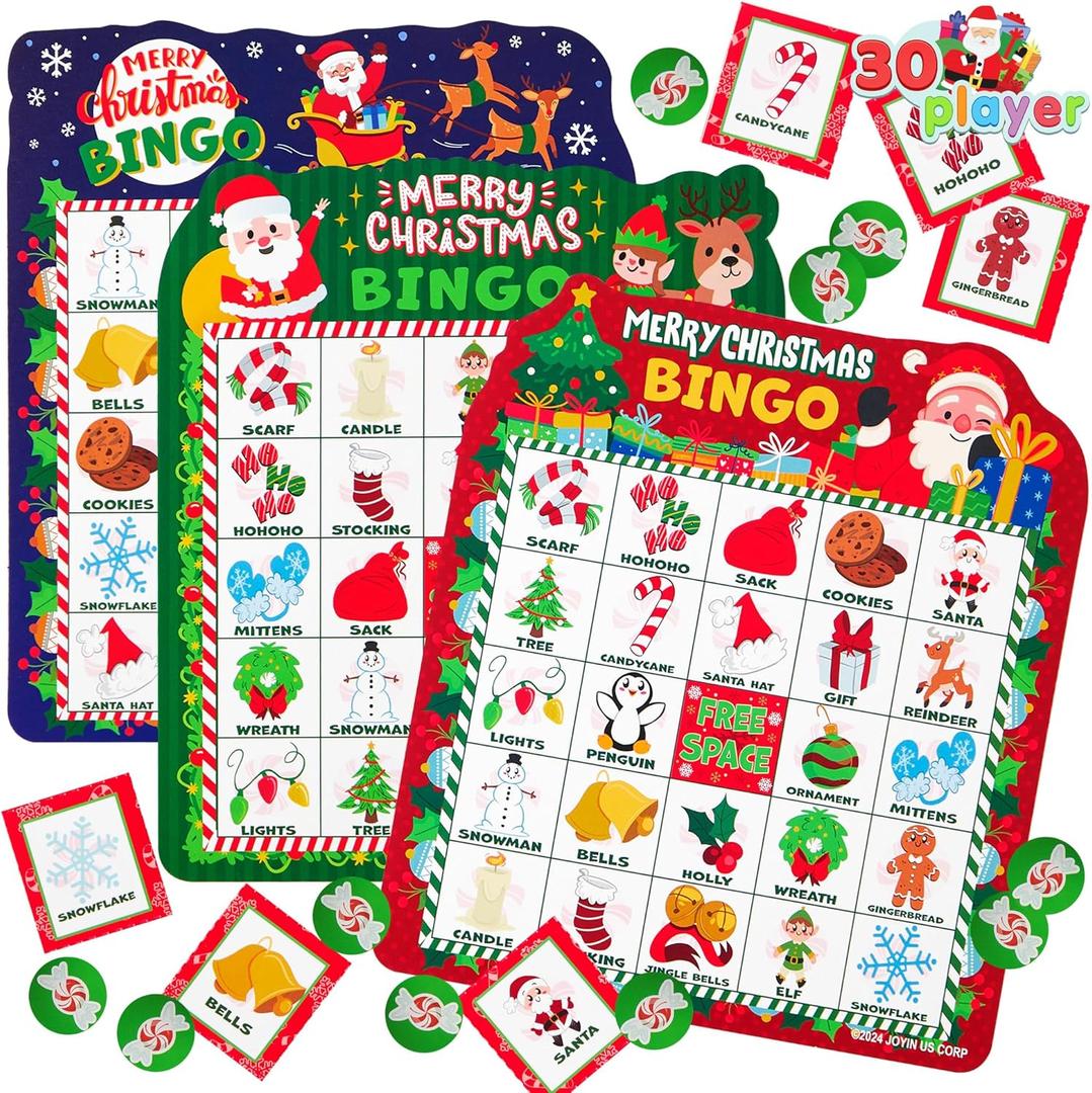 JOYIN 30 Players Christmas Bingo Cards Game, 3 Colors Kids Bingo Cards for Classroom School Family Group Activities, Holiday Winter Bingo for Xmas Party Supplies Adults Indoor Party Games
