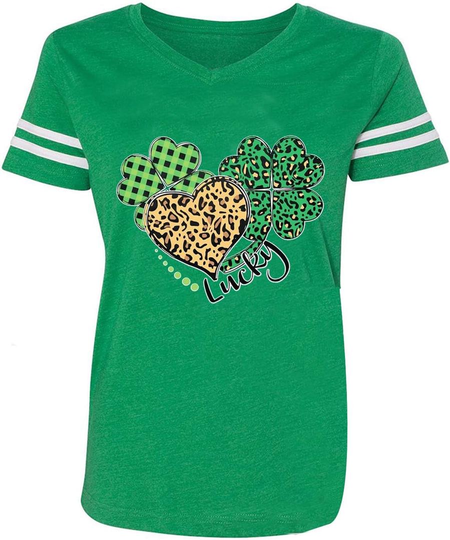 St Patricks Day Shirt for Women Irish Lucky Shamrock V-Neck Short Sleeve St Paddy's Day Tee Tops (Green, XXL)